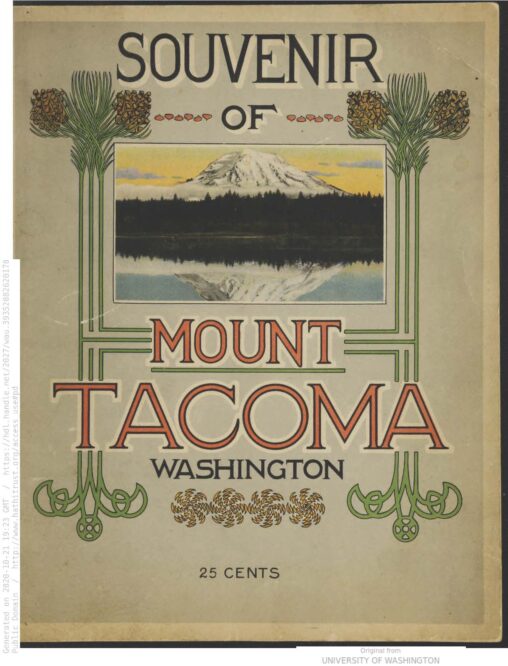 Cover of pamphelet Souvenir of Mount Tacoma Washington, Art deco design around drawing of Mount Rainier